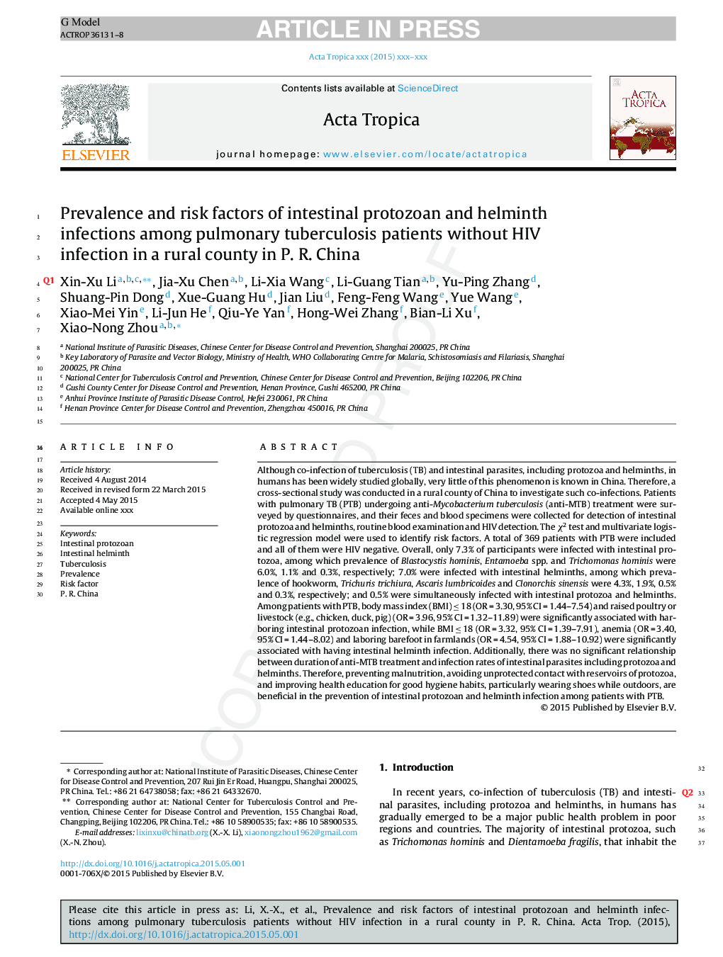 Prevalence and risk factors of intestinal protozoan and helminth infections among pulmonary tuberculosis patients without HIV infection in a rural county in P. R. China