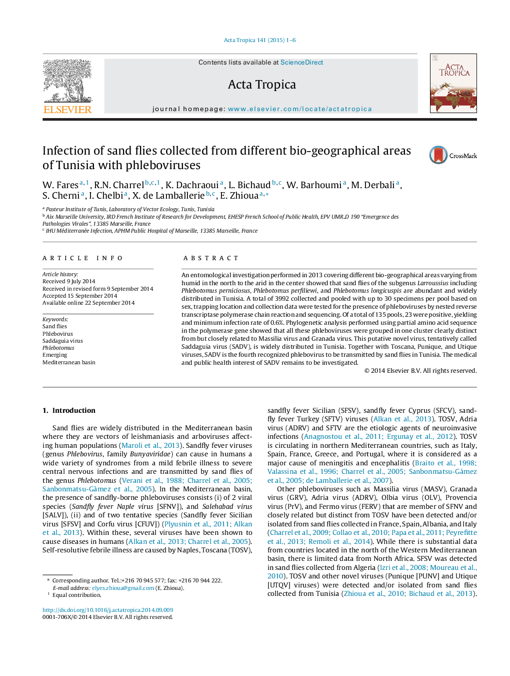 Infection of sand flies collected from different bio-geographical areas of Tunisia with phleboviruses