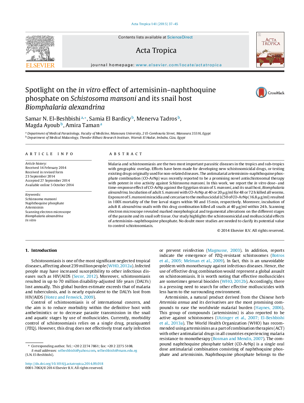 Spotlight on the in vitro effect of artemisinin-naphthoquine phosphate on Schistosoma mansoni and its snail host Biomphalaria alexandrina