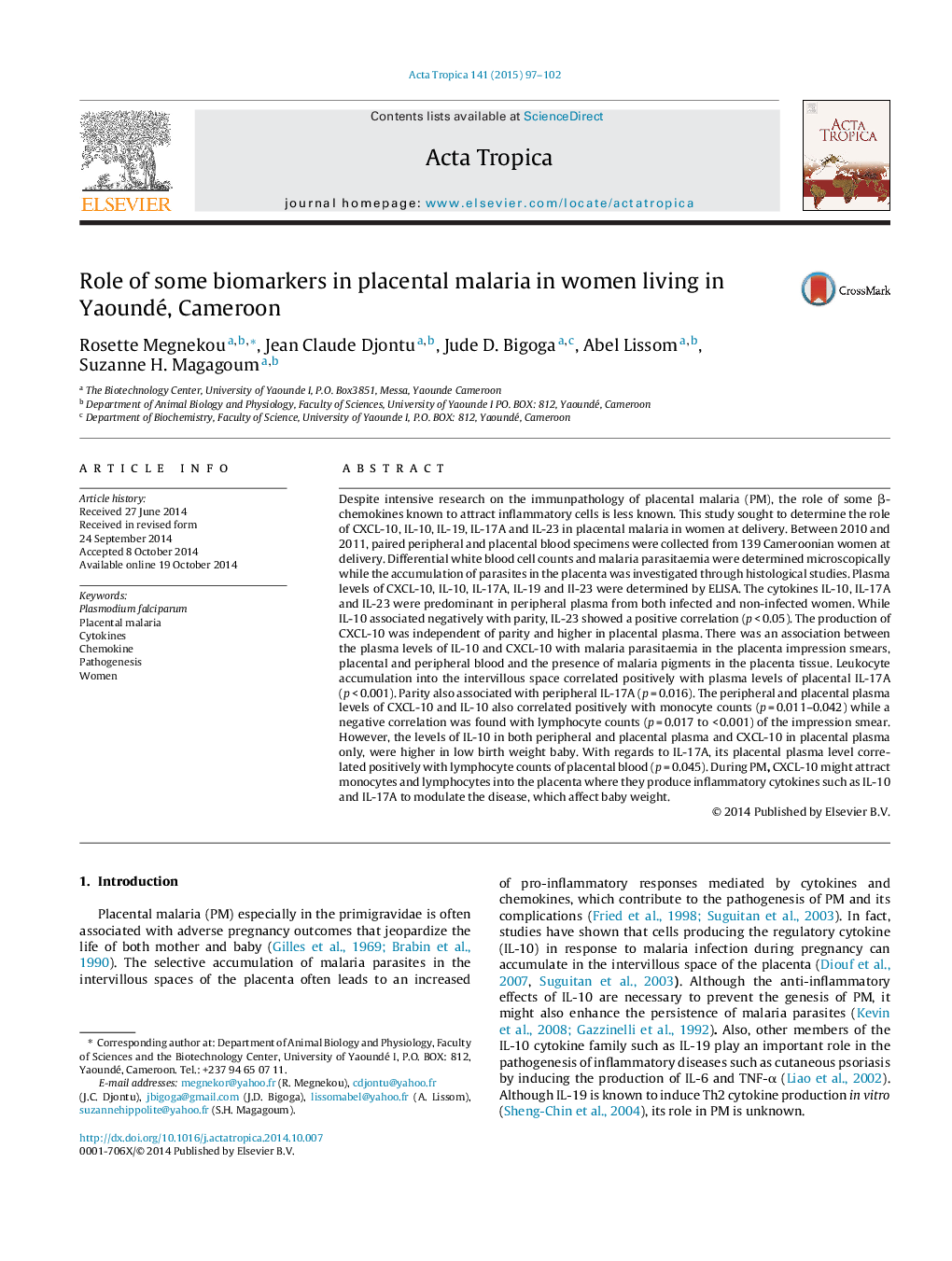 Role of some biomarkers in placental malaria in women living in Yaoundé, Cameroon