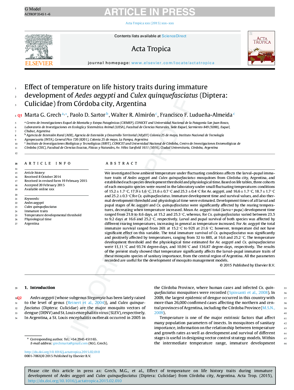 Effect of temperature on life history traits during immature development of Aedes aegypti and Culex quinquefasciatus (Diptera: Culicidae) from Córdoba city, Argentina