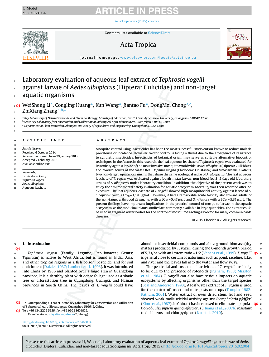 Laboratory evaluation of aqueous leaf extract of Tephrosia vogelii against larvae of Aedes albopictus (Diptera: Culicidae) and non-target aquatic organisms