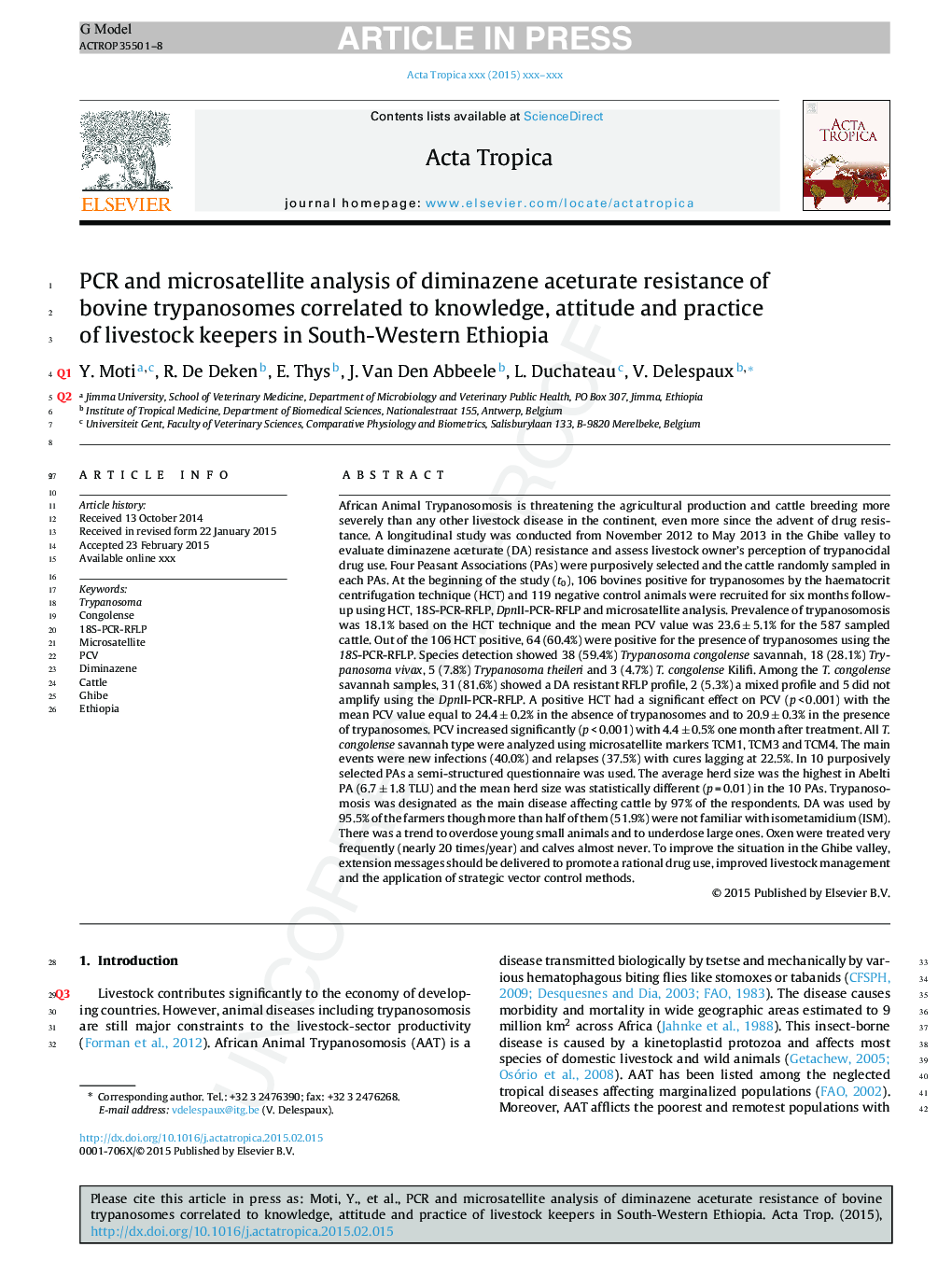 PCR and microsatellite analysis of diminazene aceturate resistance of bovine trypanosomes correlated to knowledge, attitude and practice of livestock keepers in South-Western Ethiopia