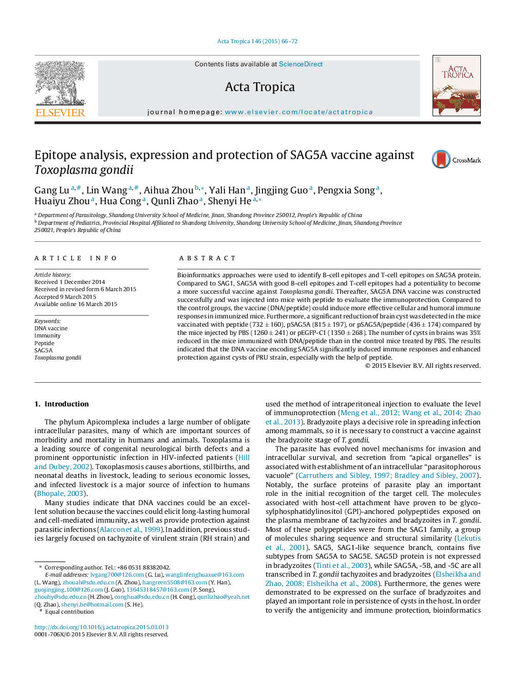 Epitope analysis, expression and protection of SAG5A vaccine against Toxoplasma gondii