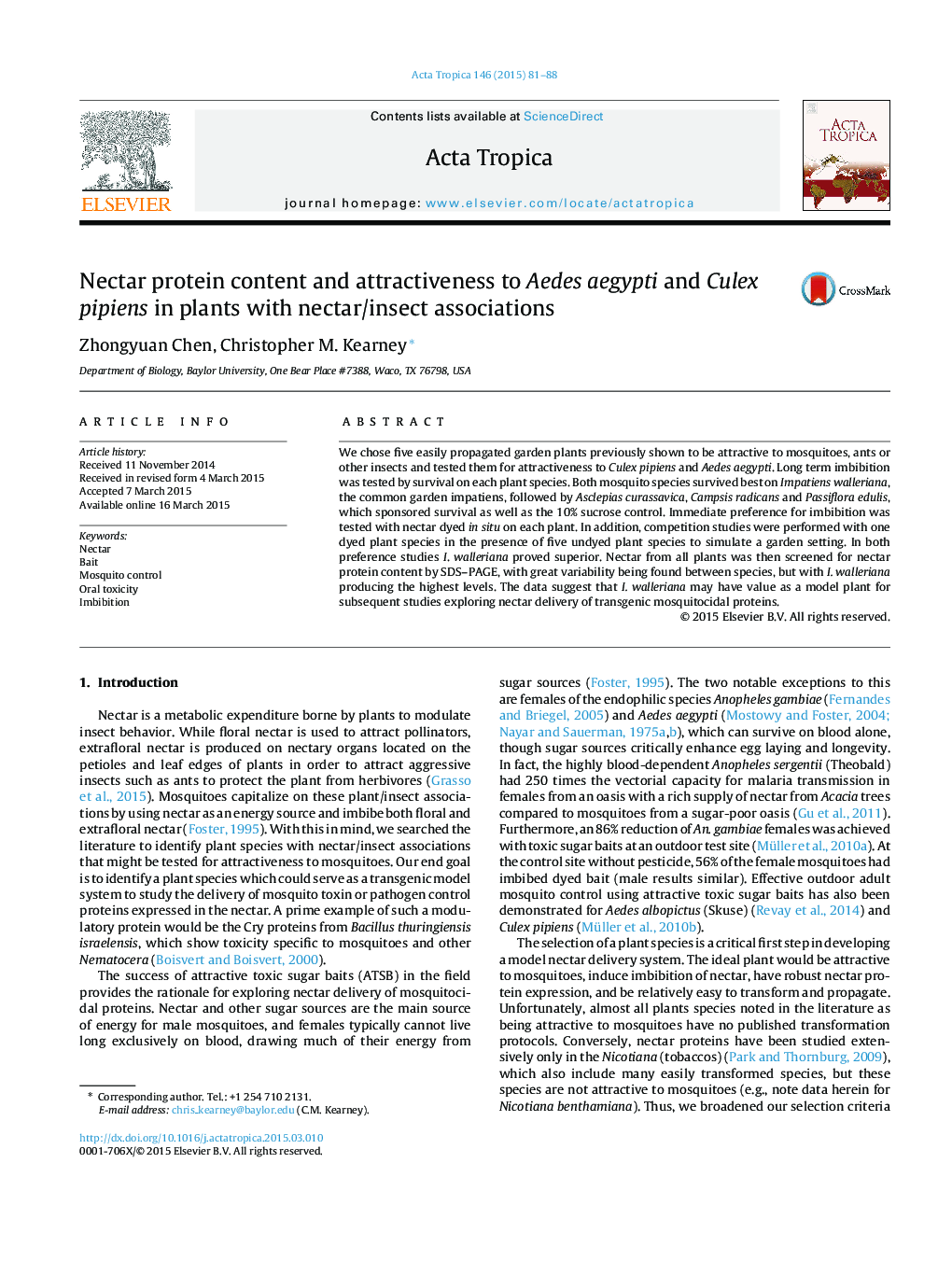 Nectar protein content and attractiveness to Aedes aegypti and Culex pipiens in plants with nectar/insect associations