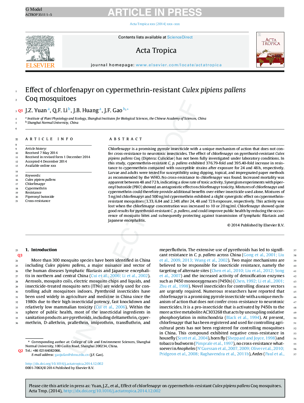 Effect of chlorfenapyr on cypermethrin-resistant Culex pipiens pallens Coq mosquitoes