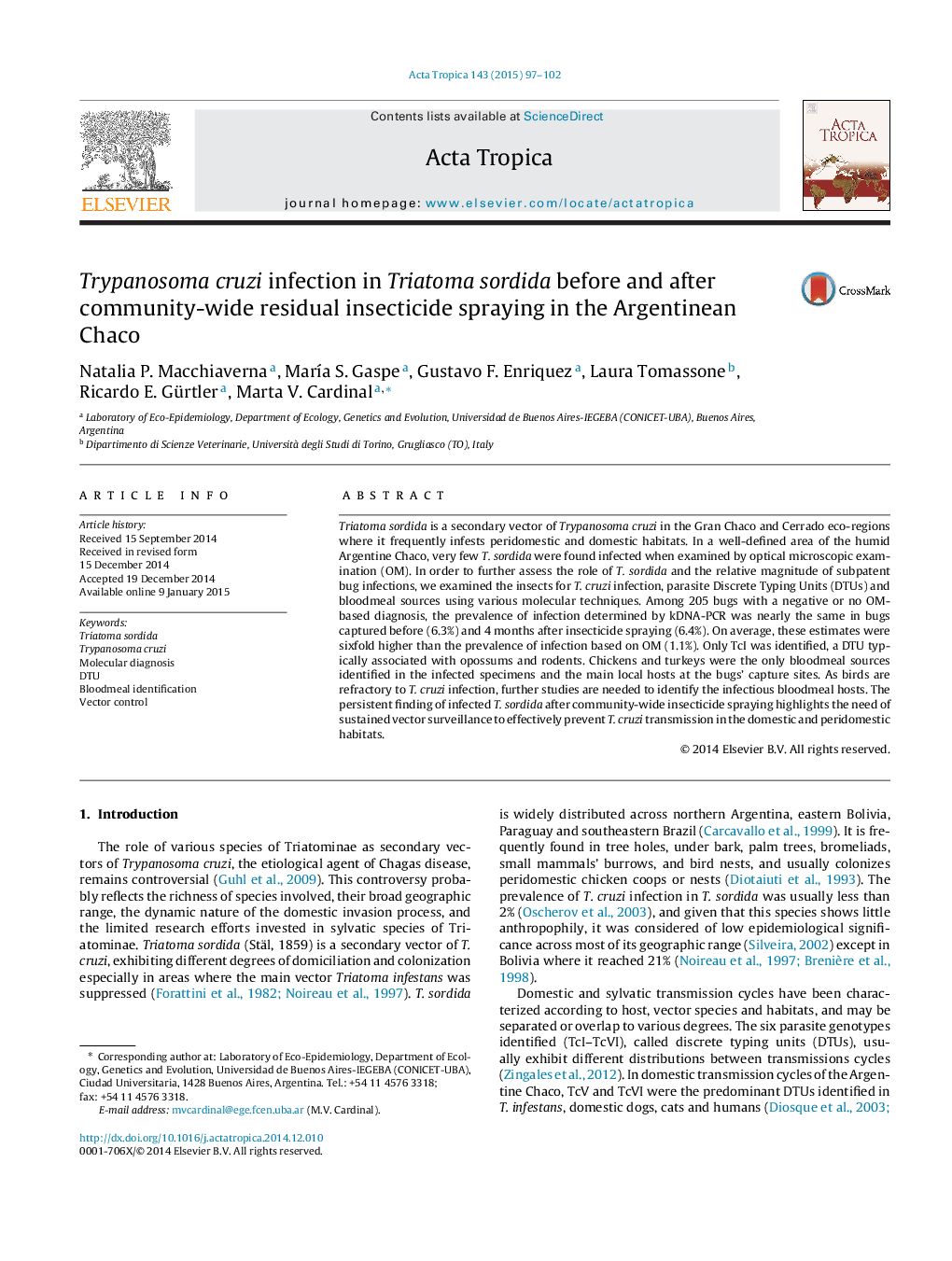 Trypanosoma cruzi infection in Triatoma sordida before and after community-wide residual insecticide spraying in the Argentinean Chaco