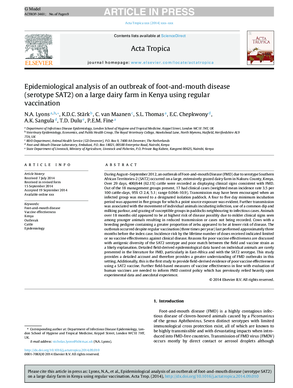 Epidemiological analysis of an outbreak of foot-and-mouth disease (serotype SAT2) on a large dairy farm in Kenya using regular vaccination