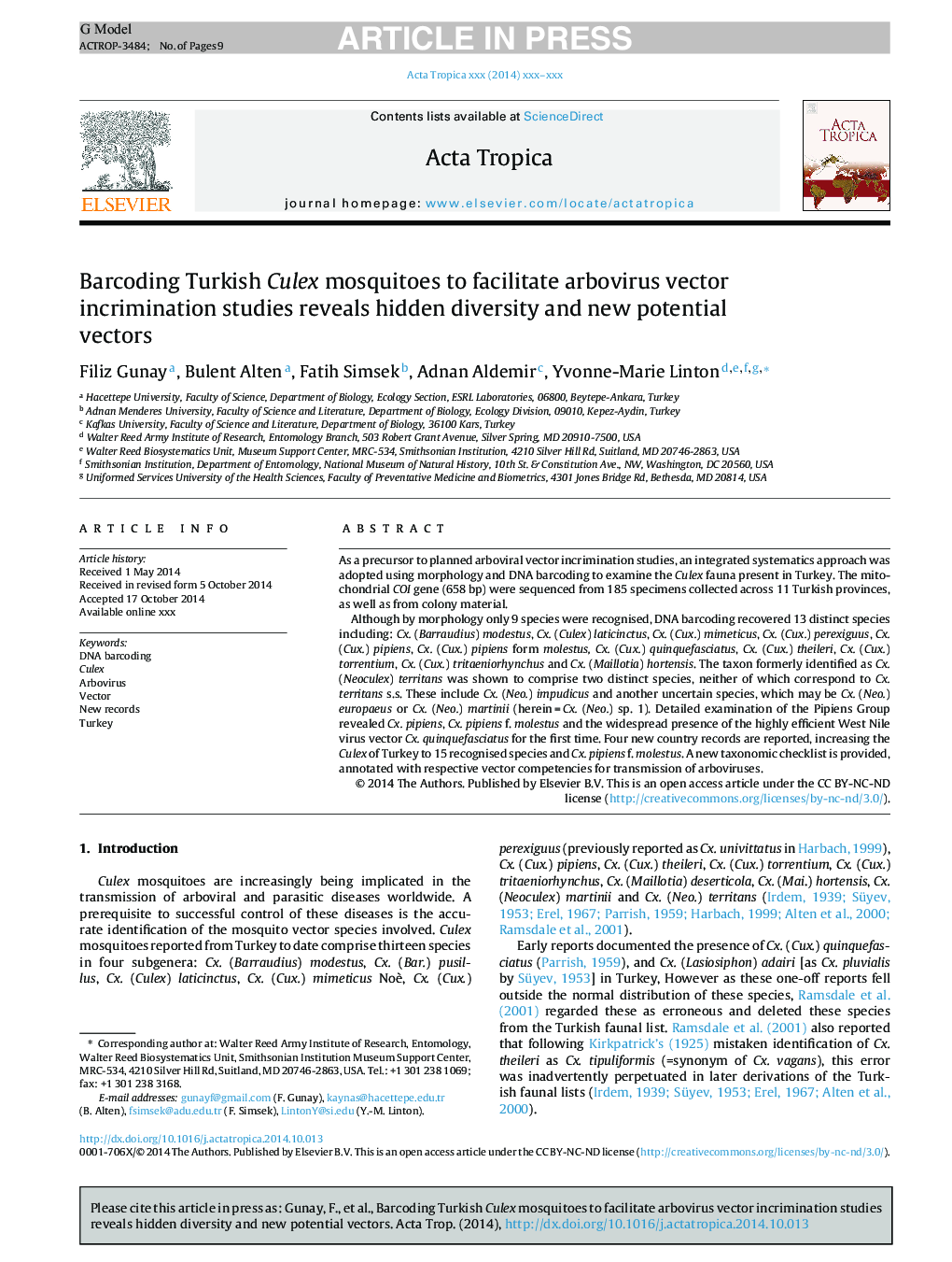 Barcoding Turkish Culex mosquitoes to facilitate arbovirus vector incrimination studies reveals hidden diversity and new potential vectors