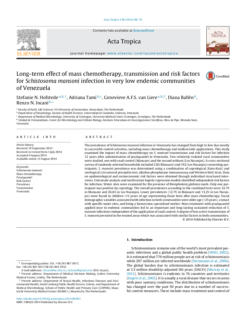 Long-term effect of mass chemotherapy, transmission and risk factors for Schistosoma mansoni infection in very low endemic communities of Venezuela