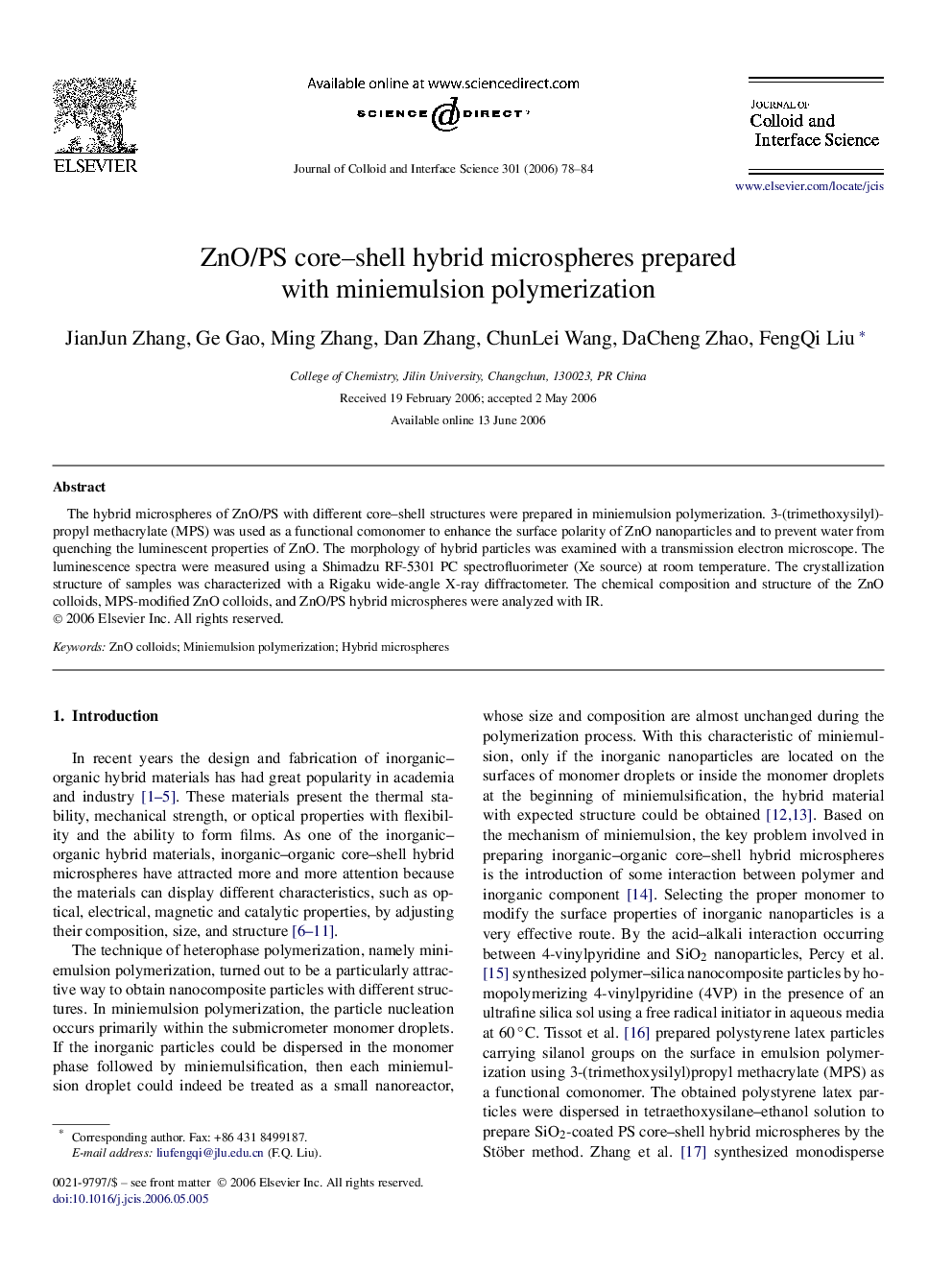 ZnO/PS core–shell hybrid microspheres prepared with miniemulsion polymerization