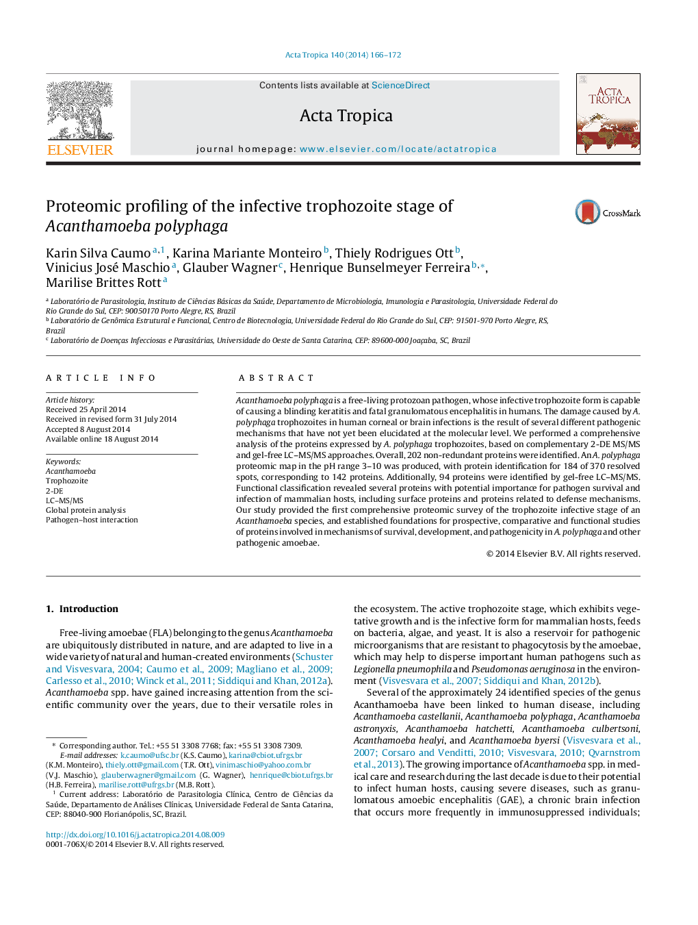 Proteomic profiling of the infective trophozoite stage of Acanthamoeba polyphaga