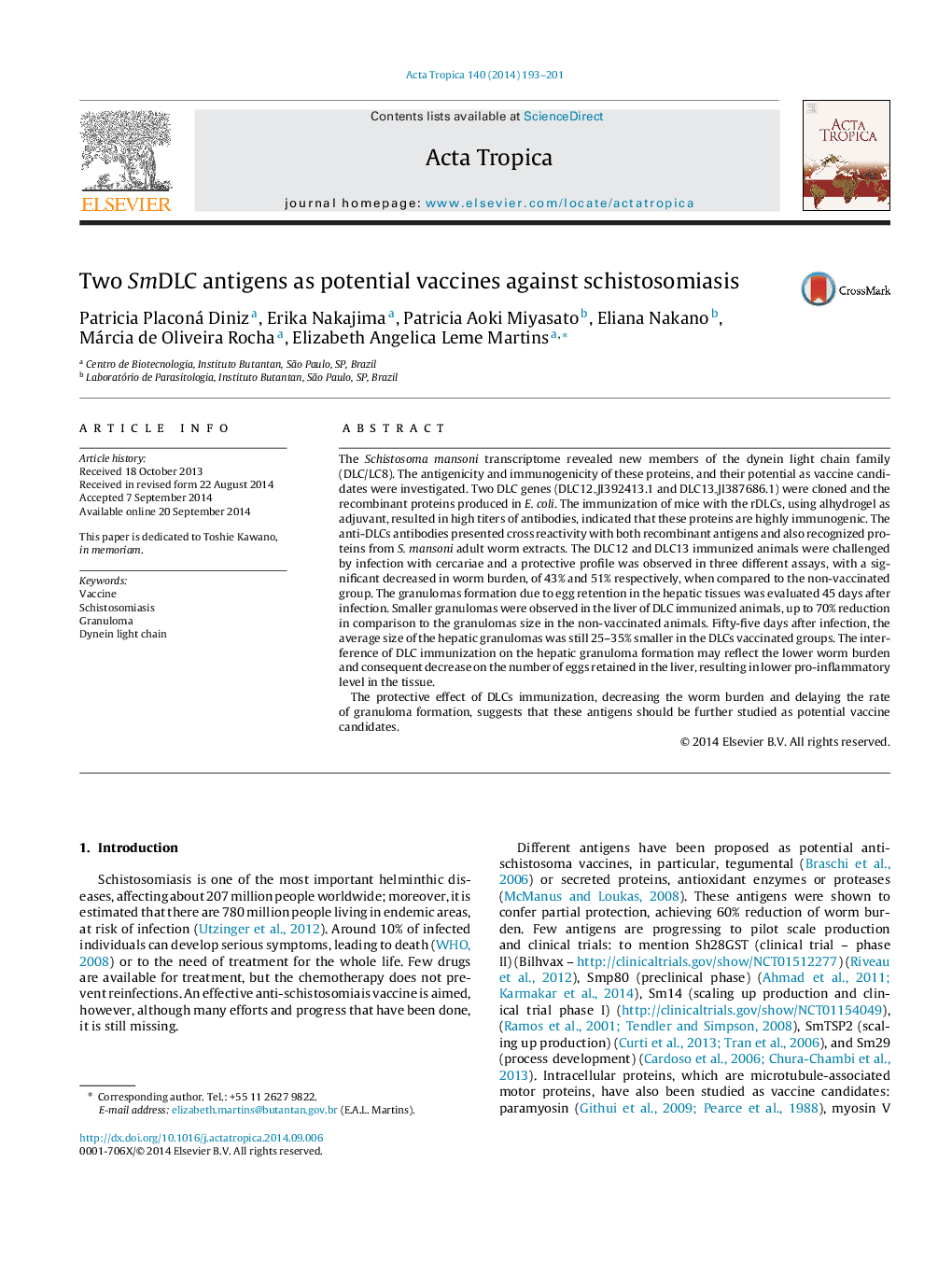 Two SmDLC antigens as potential vaccines against schistosomiasis