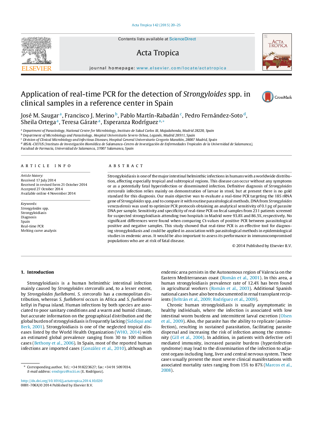 Application of real-time PCR for the detection of Strongyloides spp. in clinical samples in a reference center in Spain