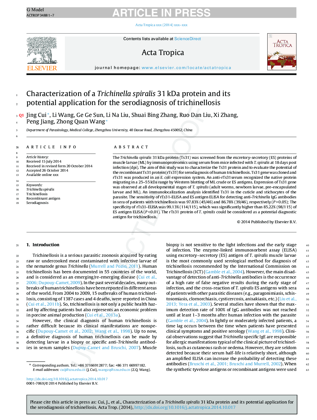 Characterization of a Trichinella spiralis 31Â kDa protein and its potential application for the serodiagnosis of trichinellosis