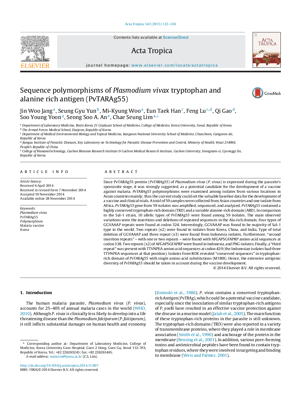 Sequence polymorphisms of Plasmodium vivax tryptophan and alanine rich antigen (PvTARAg55)