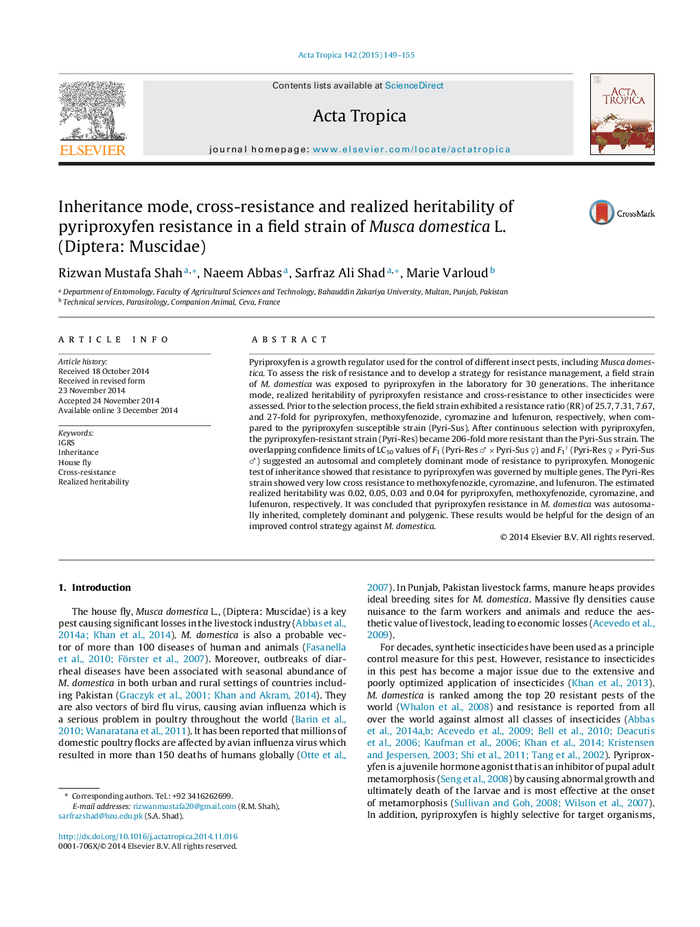 Inheritance mode, cross-resistance and realized heritability of pyriproxyfen resistance in a field strain of Musca domestica L. (Diptera: Muscidae)