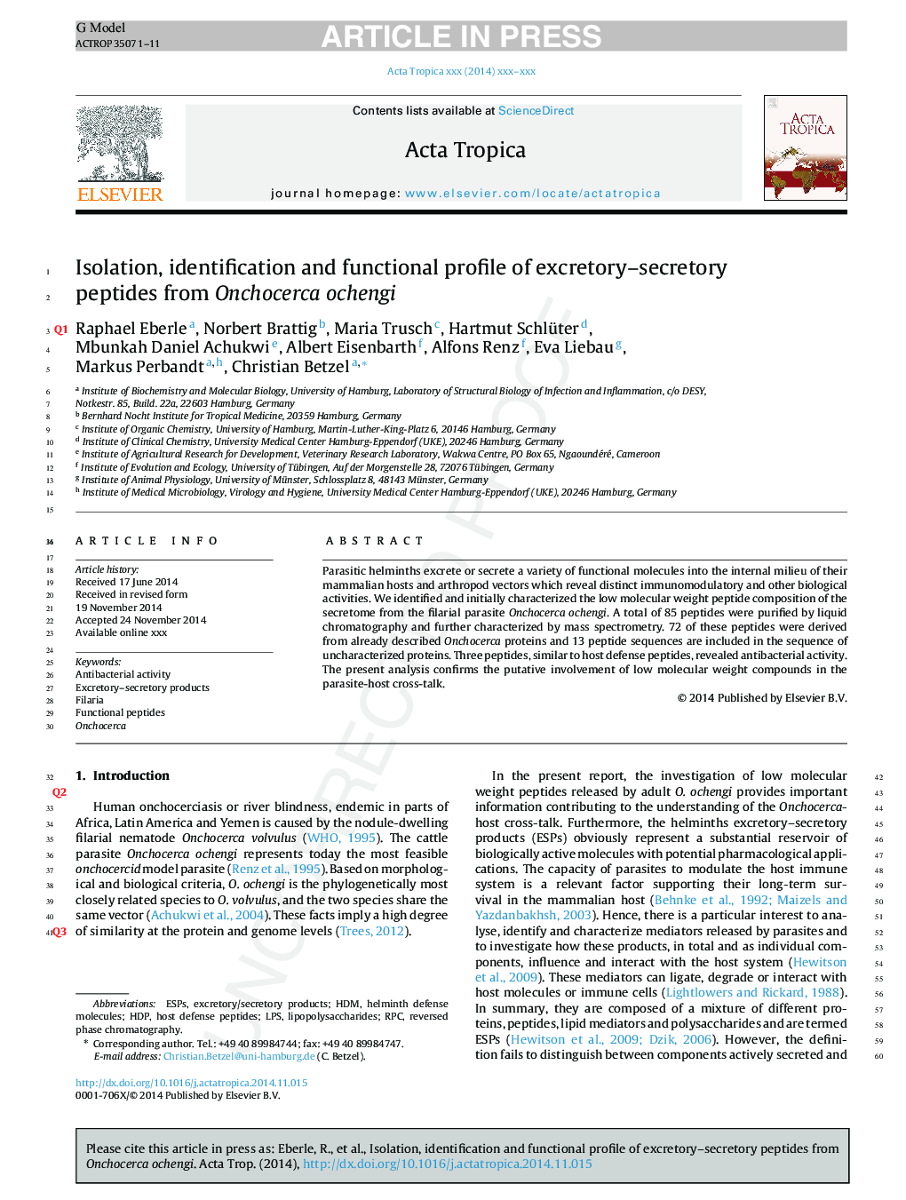 Isolation, identification and functional profile of excretory-secretory peptides from Onchocerca ochengi