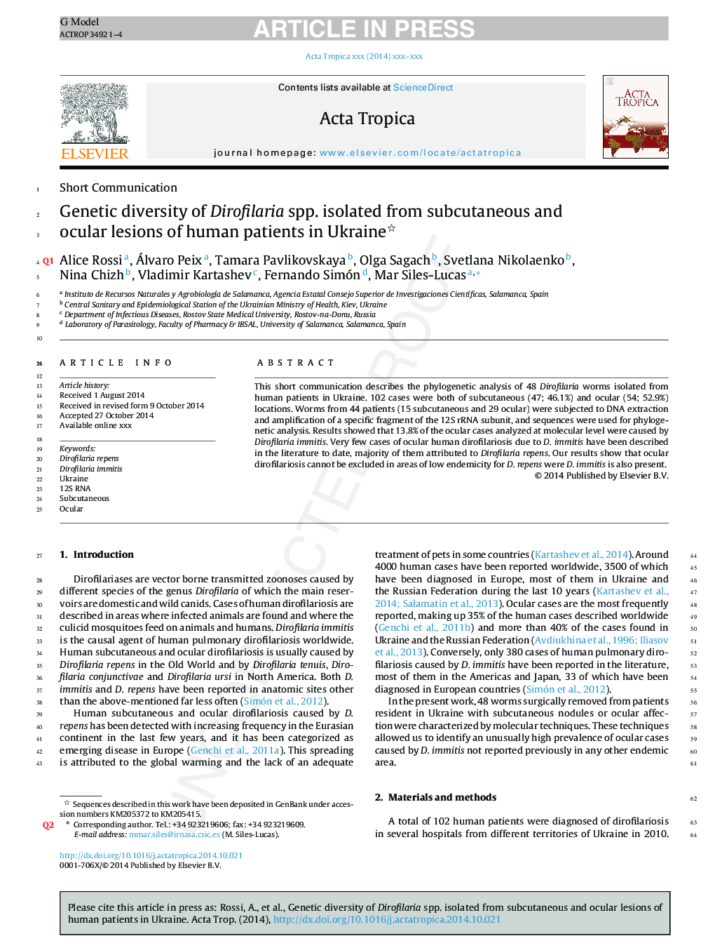 Genetic diversity of Dirofilaria spp. isolated from subcutaneous and ocular lesions of human patients in Ukraine