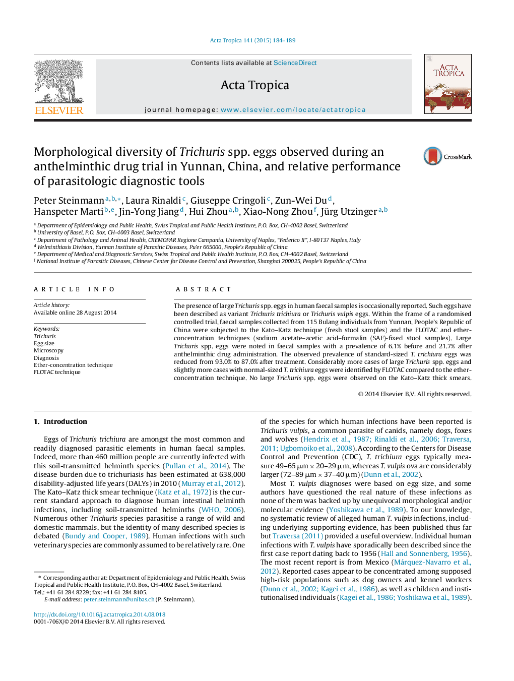 Morphological diversity of Trichuris spp. eggs observed during an anthelminthic drug trial in Yunnan, China, and relative performance of parasitologic diagnostic tools