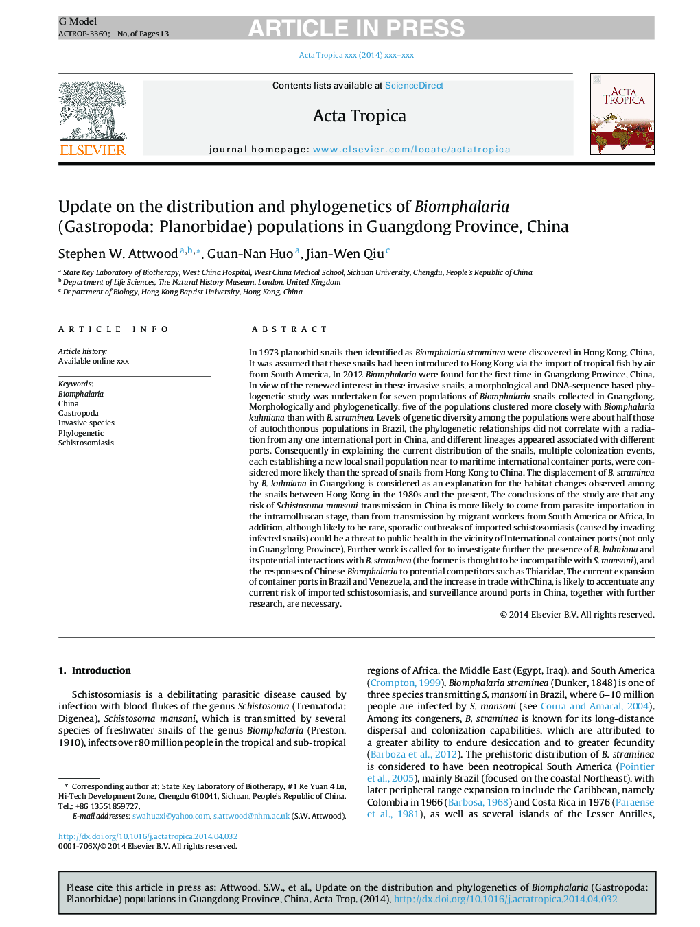 Update on the distribution and phylogenetics of Biomphalaria (Gastropoda: Planorbidae) populations in Guangdong Province, China