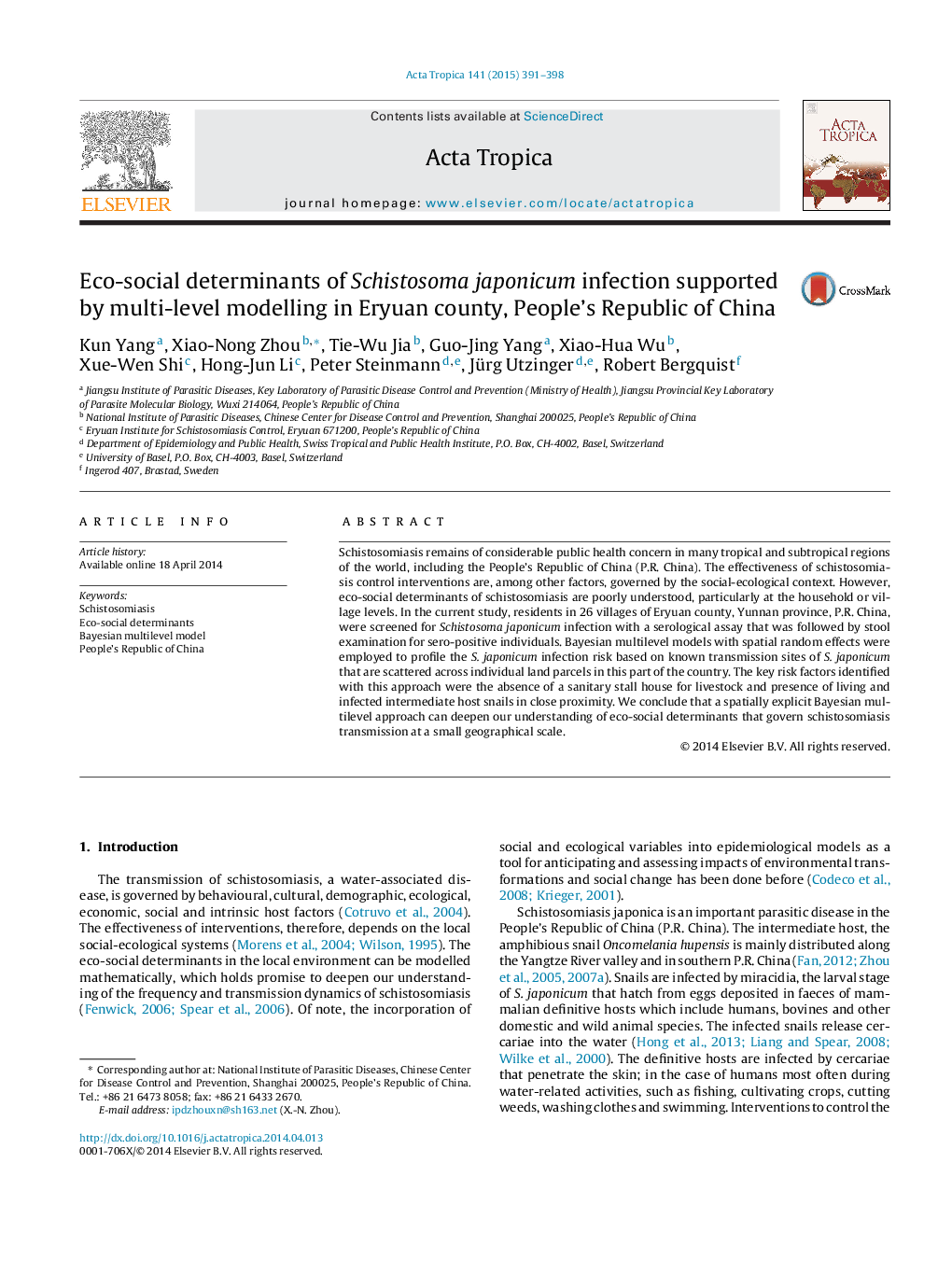 Eco-social determinants of Schistosoma japonicum infection supported by multi-level modelling in Eryuan county, People's Republic of China