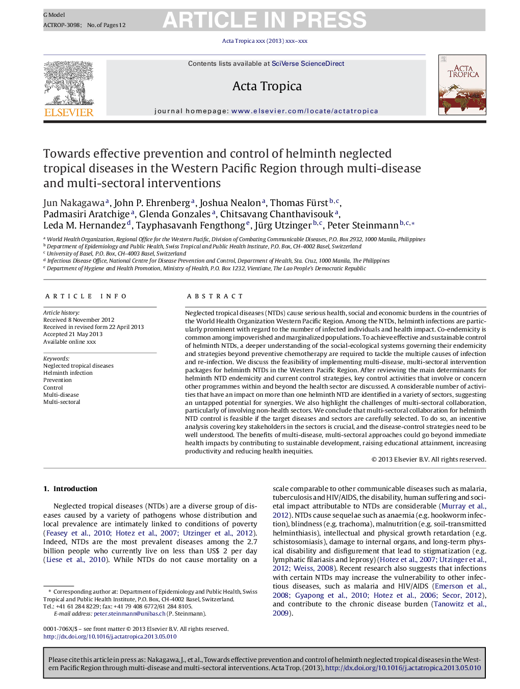 Towards effective prevention and control of helminth neglected tropical diseases in the Western Pacific Region through multi-disease and multi-sectoral interventions