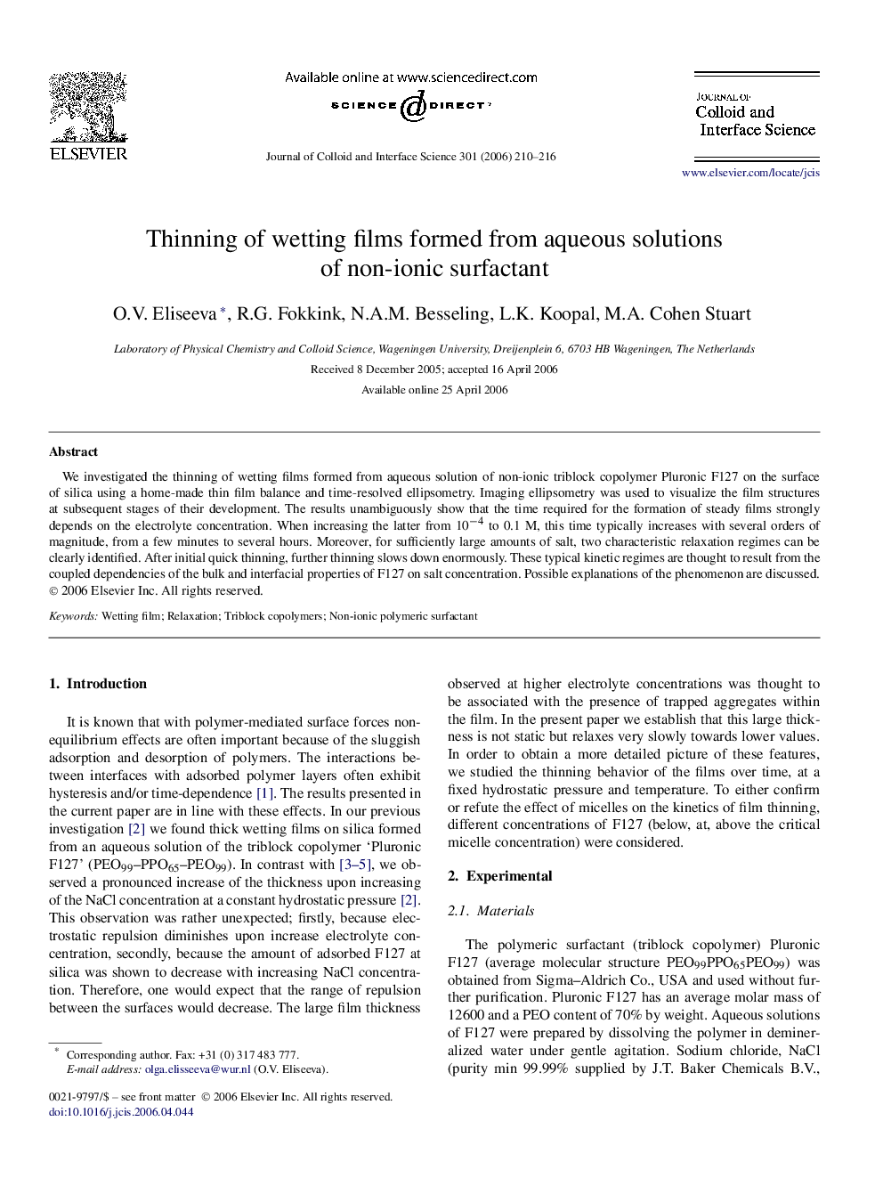 Thinning of wetting films formed from aqueous solutions of non-ionic surfactant