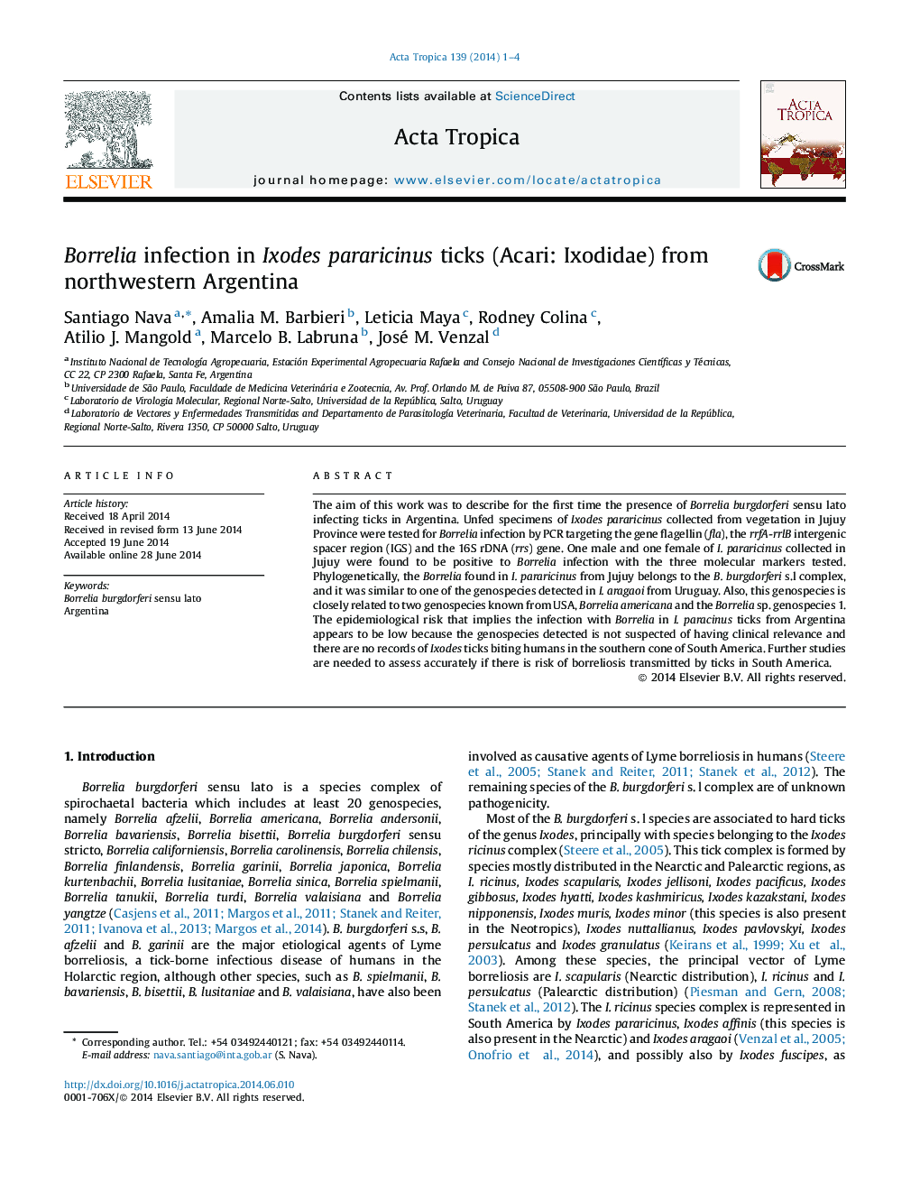 Borrelia infection in Ixodes pararicinus ticks (Acari: Ixodidae) from northwestern Argentina