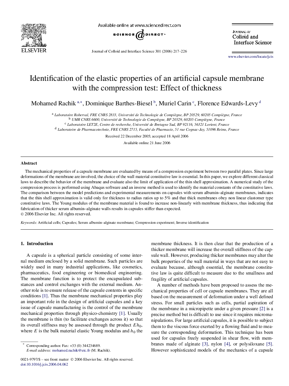 Identification of the elastic properties of an artificial capsule membrane with the compression test: Effect of thickness