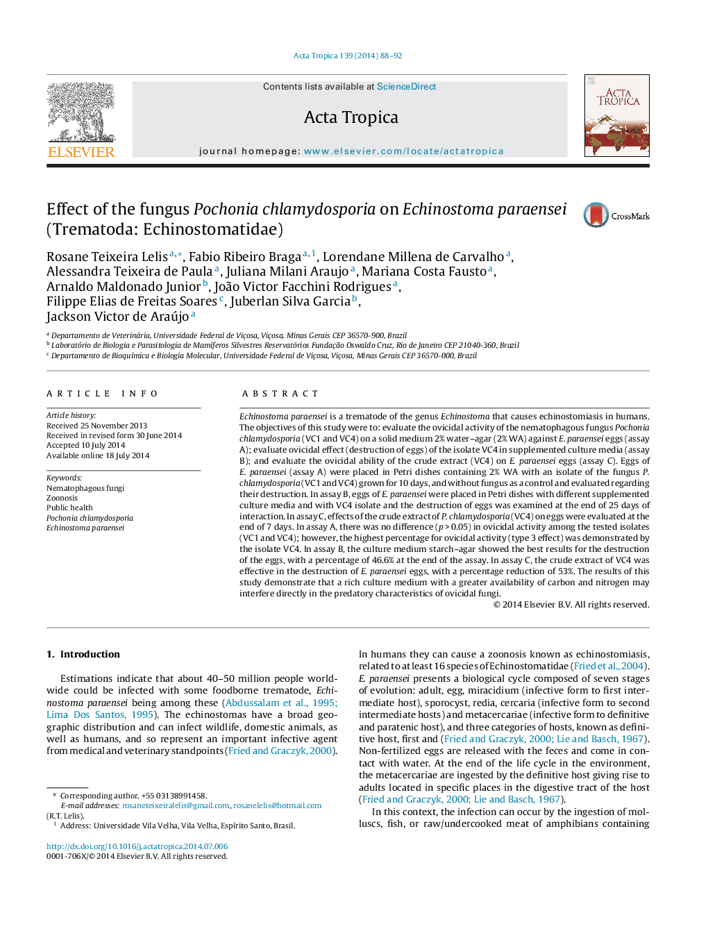 Effect of the fungus Pochonia chlamydosporia on Echinostoma paraensei (Trematoda: Echinostomatidae)