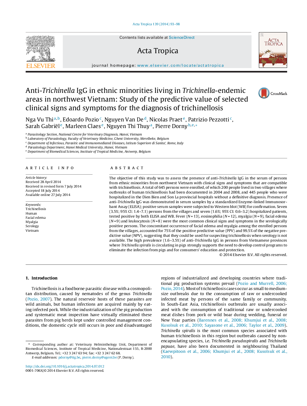 Anti-Trichinella IgG in ethnic minorities living in Trichinella-endemic areas in northwest Vietnam: Study of the predictive value of selected clinical signs and symptoms for the diagnosis of trichinellosis