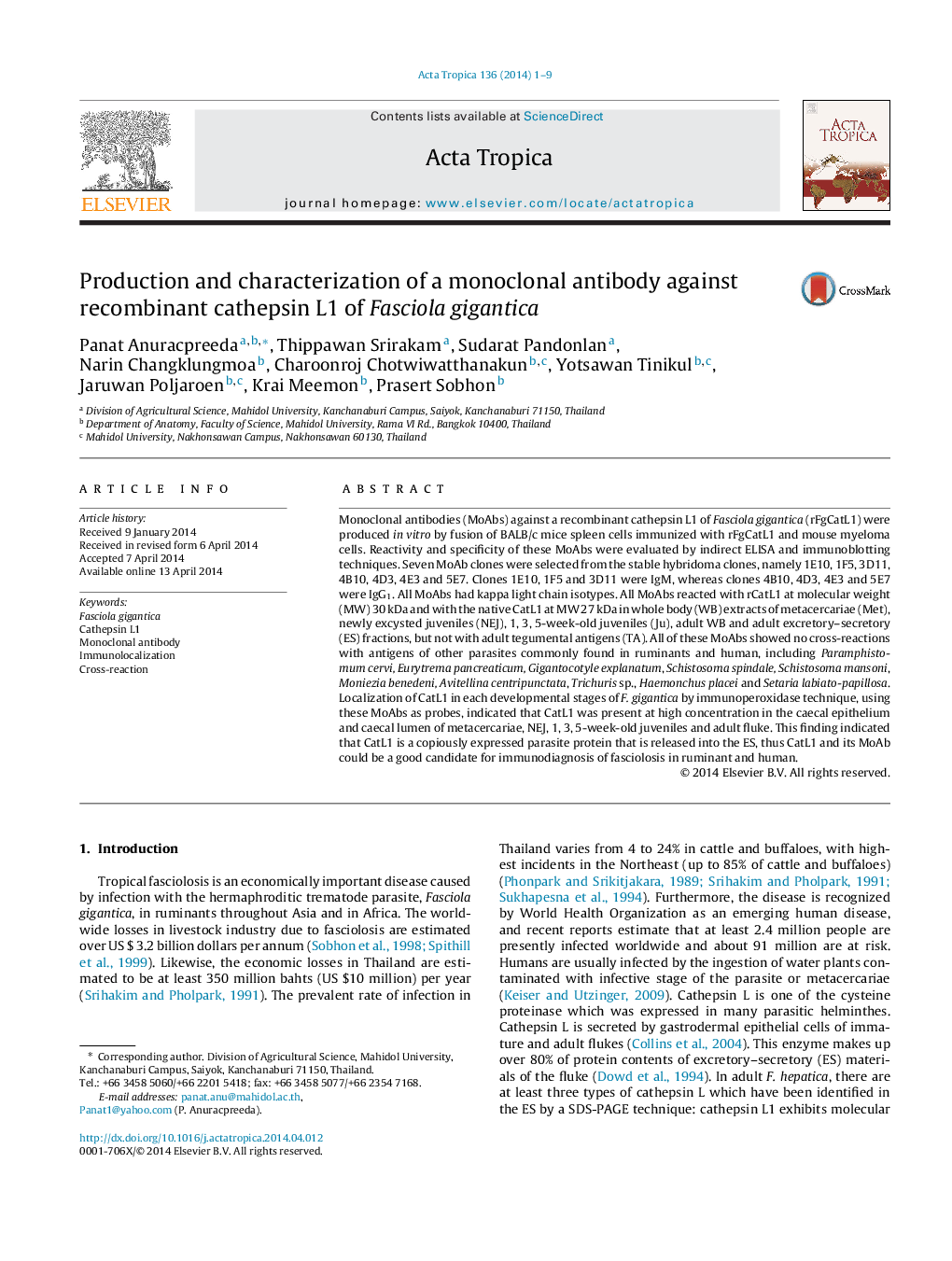 Production and characterization of a monoclonal antibody against recombinant cathepsin L1 of Fasciola gigantica