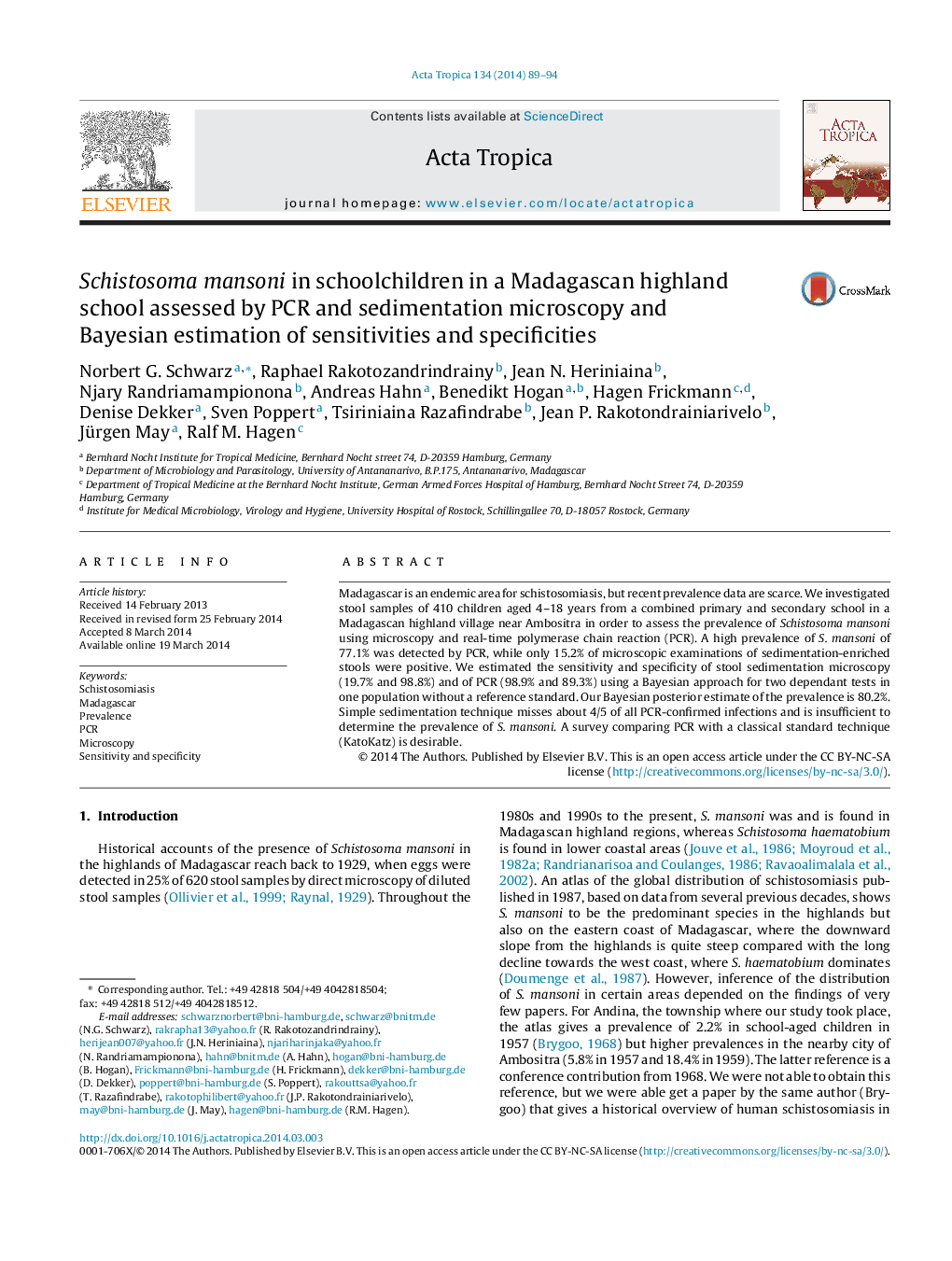 Schistosoma mansoni in schoolchildren in a Madagascan highland school assessed by PCR and sedimentation microscopy and Bayesian estimation of sensitivities and specificities