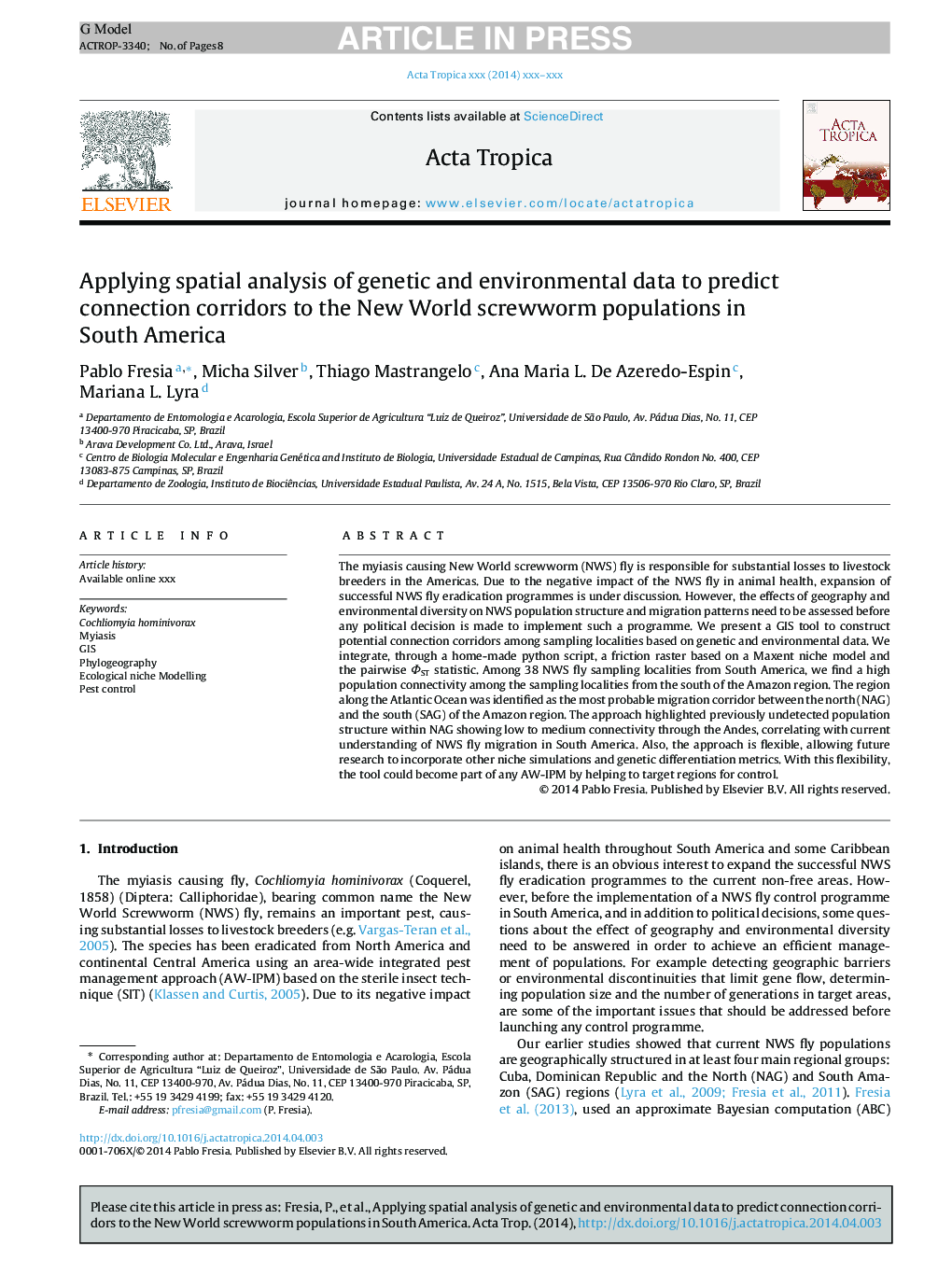 Applying spatial analysis of genetic and environmental data to predict connection corridors to the New World screwworm populations in South America