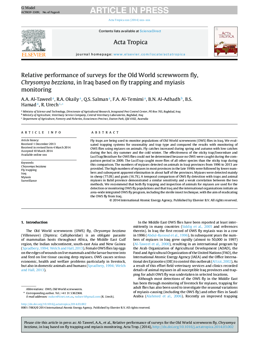 Relative performance of surveys for the Old World screwworm fly, Chrysomya bezziana, in Iraq based on fly trapping and myiasis monitoring