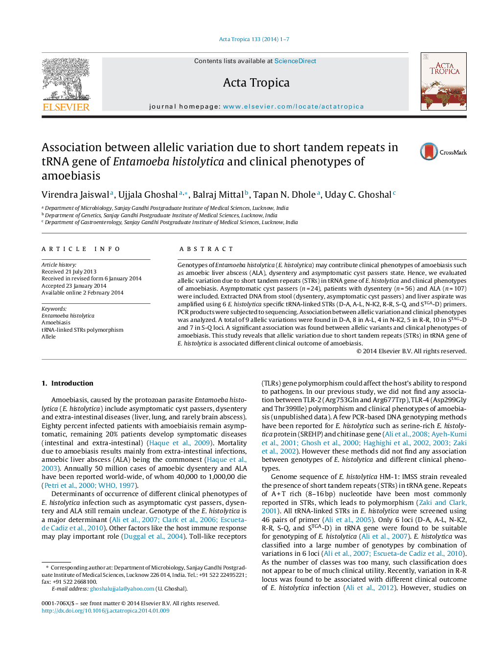 Association between allelic variation due to short tandem repeats in tRNA gene of Entamoeba histolytica and clinical phenotypes of amoebiasis