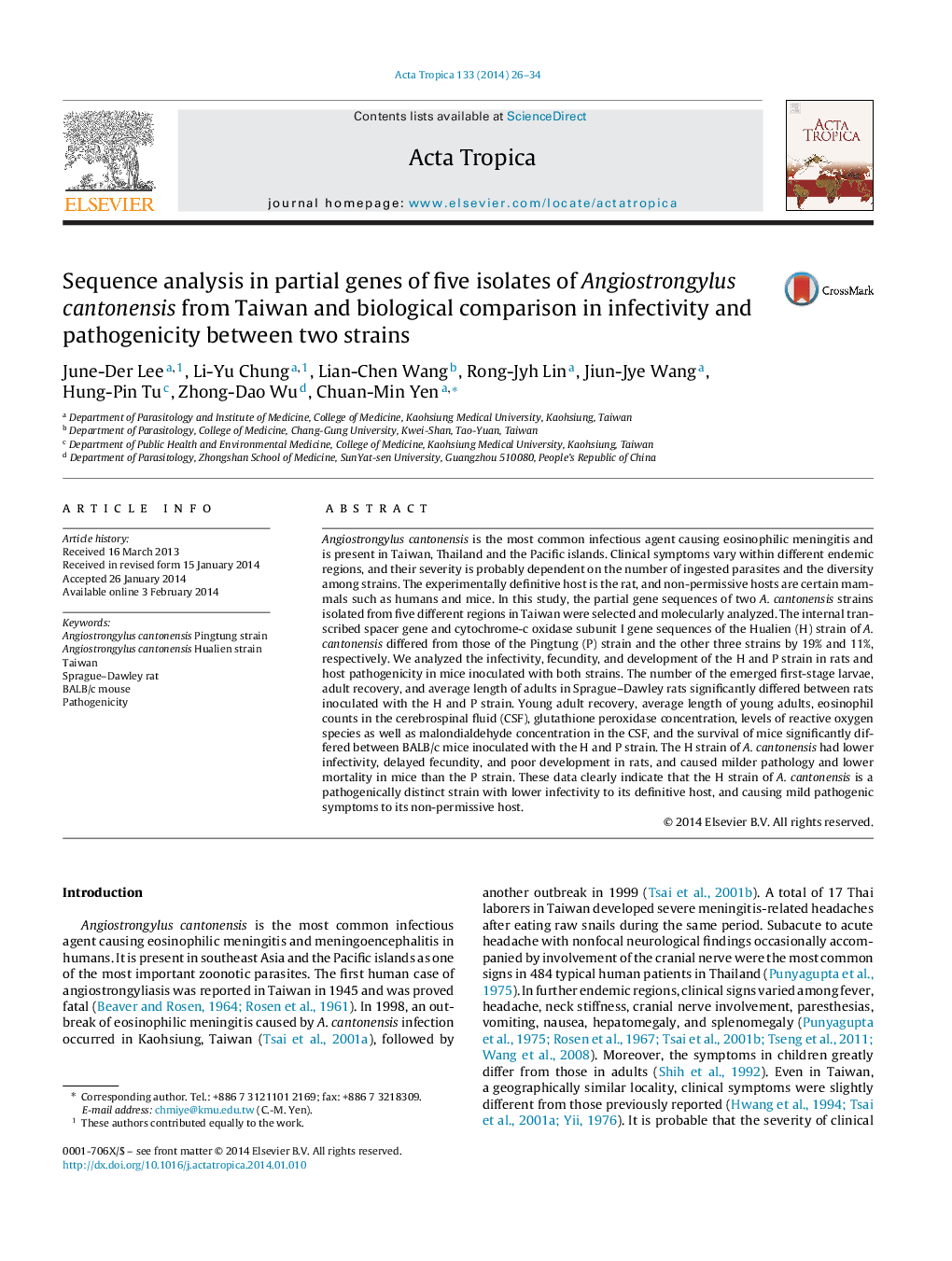 Sequence analysis in partial genes of five isolates of Angiostrongylus cantonensis from Taiwan and biological comparison in infectivity and pathogenicity between two strains