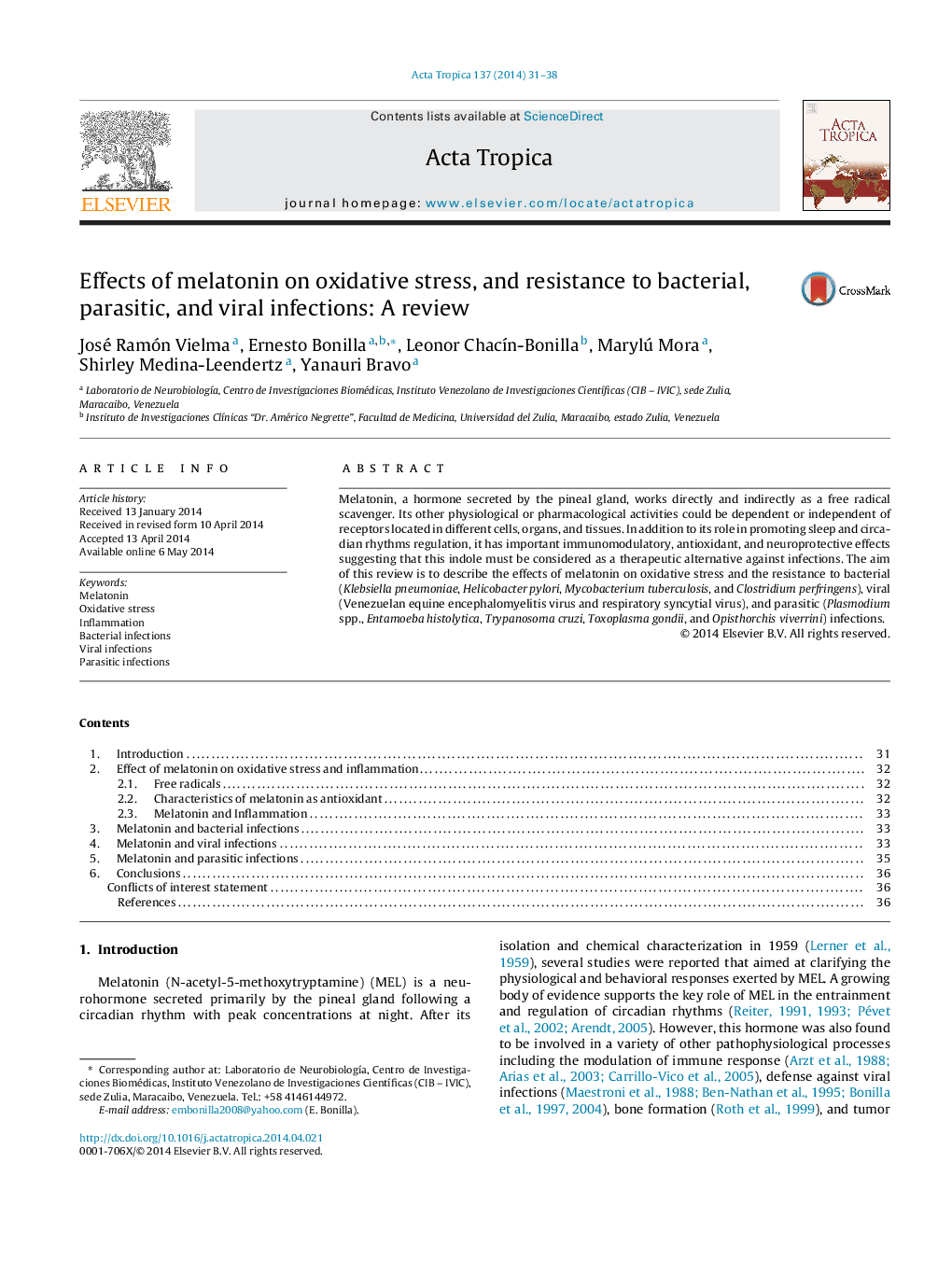 Effects of melatonin on oxidative stress, and resistance to bacterial, parasitic, and viral infections: A review