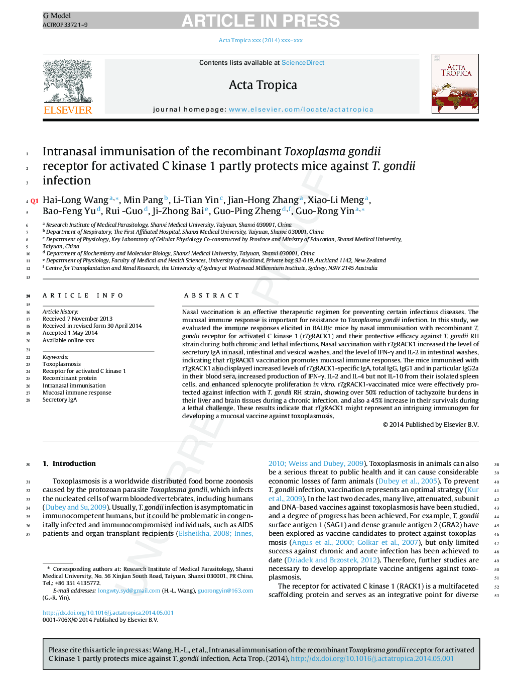 Intranasal immunisation of the recombinant Toxoplasma gondii receptor for activated C kinase 1 partly protects mice against T. gondii infection