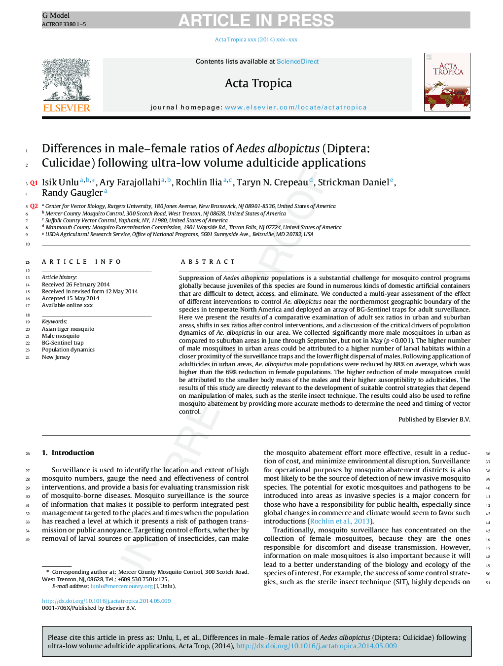 Differences in male-female ratios of Aedes albopictus (Diptera: Culicidae) following ultra-low volume adulticide applications