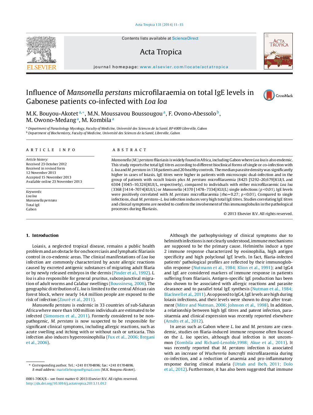 Influence of Mansonella perstans microfilaraemia on total IgE levels in Gabonese patients co-infected with Loa loa