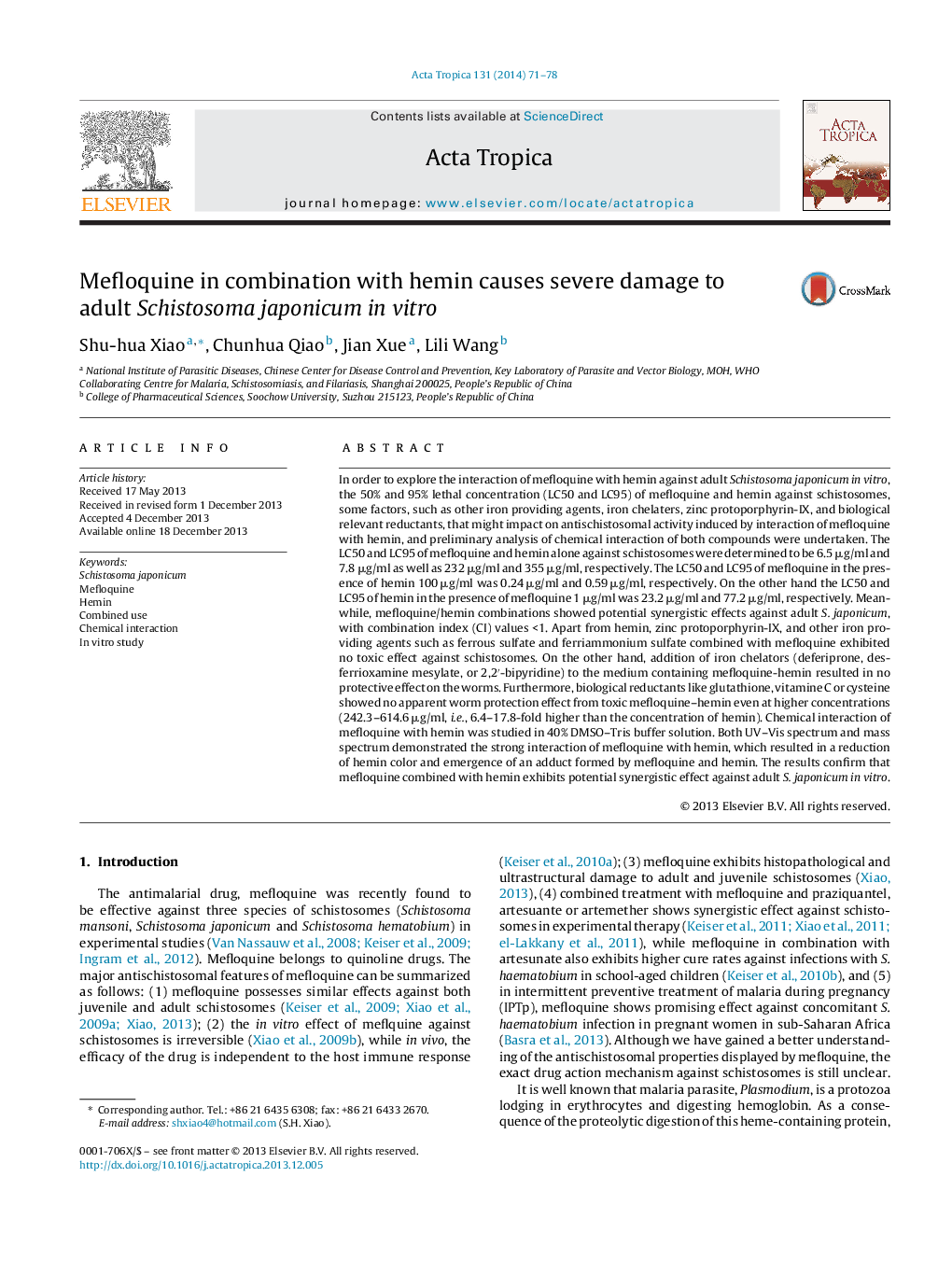 Mefloquine in combination with hemin causes severe damage to adult Schistosoma japonicum in vitro