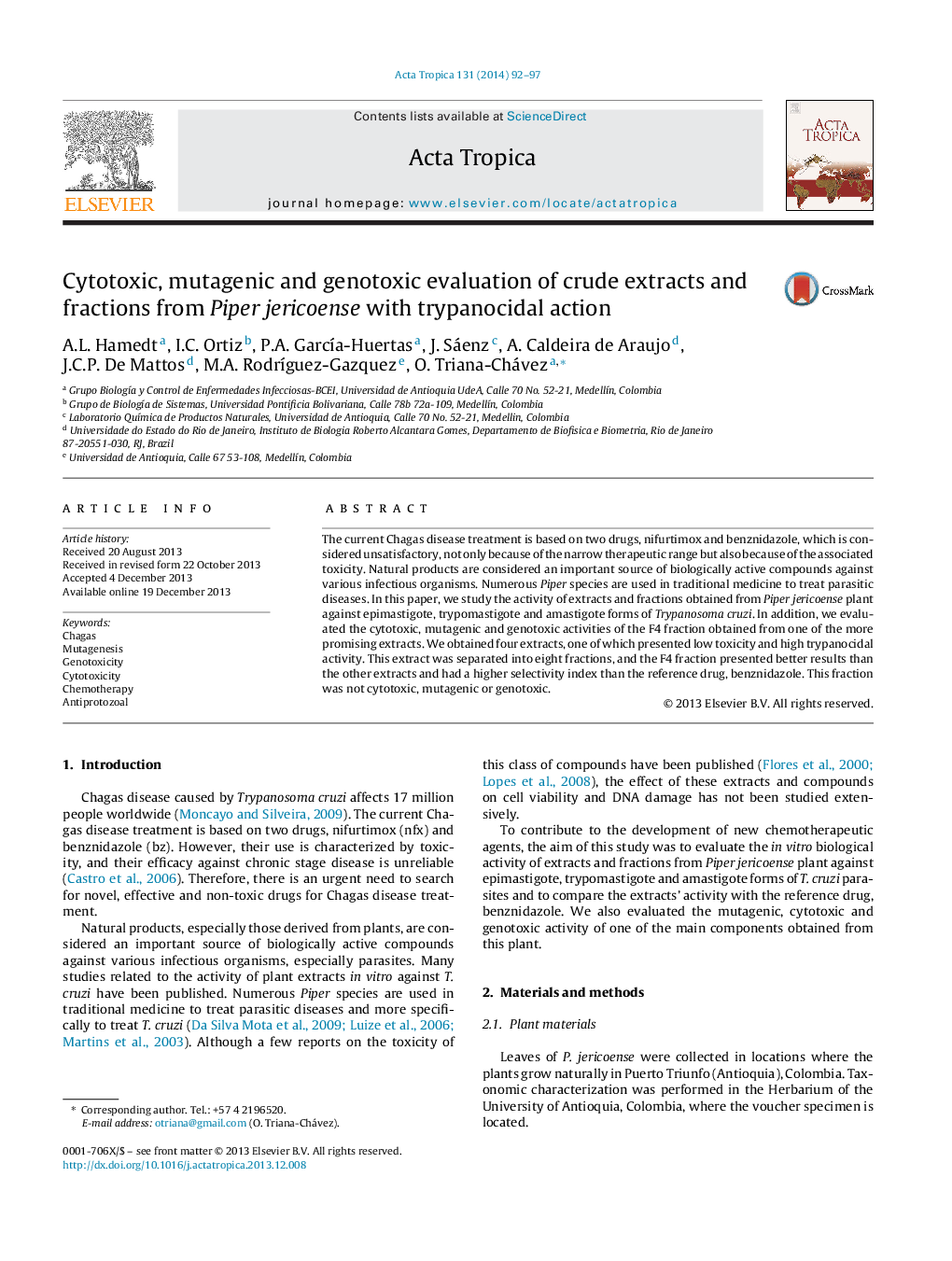 Cytotoxic, mutagenic and genotoxic evaluation of crude extracts and fractions from Piper jericoense with trypanocidal action