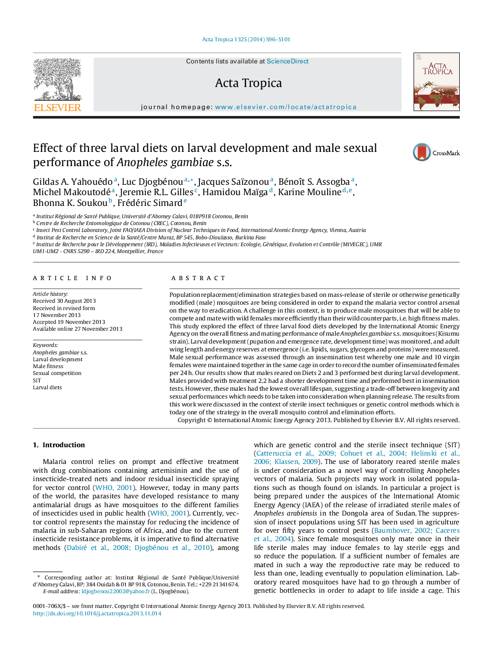 Effect of three larval diets on larval development and male sexual performance of Anopheles gambiae s.s.