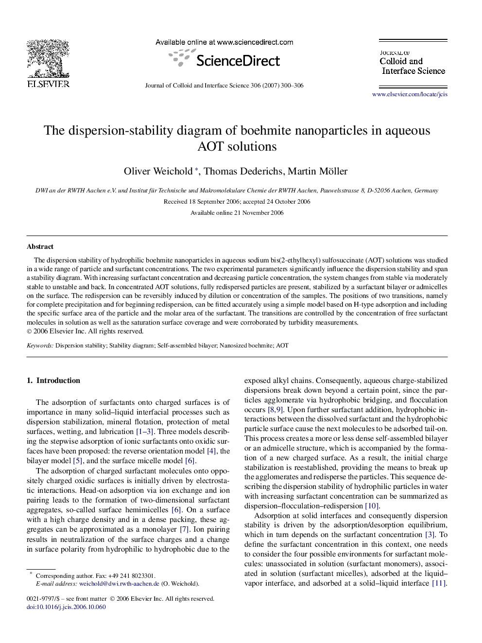 The dispersion-stability diagram of boehmite nanoparticles in aqueous AOT solutions