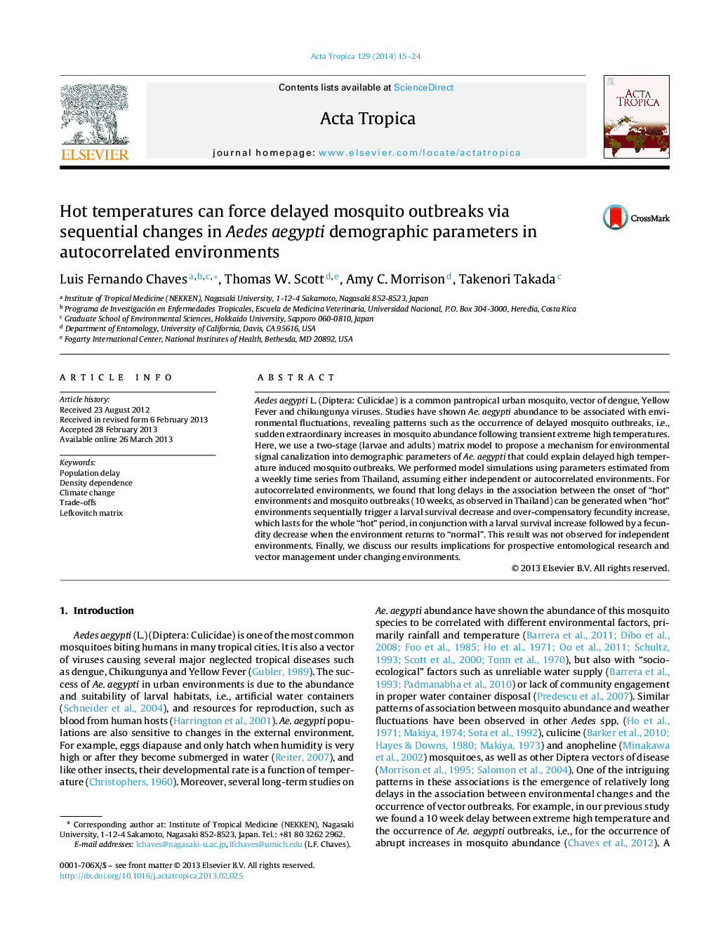 Hot temperatures can force delayed mosquito outbreaks via sequential changes in Aedes aegypti demographic parameters in autocorrelated environments