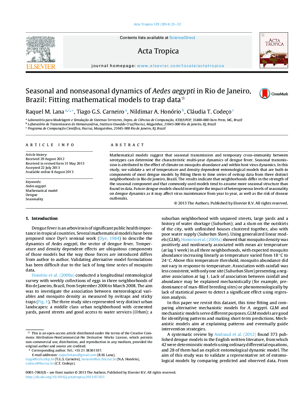 Seasonal and nonseasonal dynamics of Aedes aegypti in Rio de Janeiro, Brazil: Fitting mathematical models to trap data