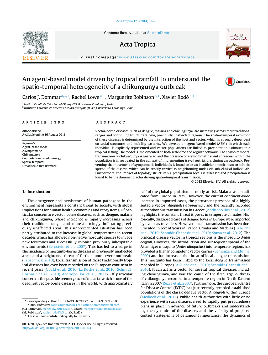 An agent-based model driven by tropical rainfall to understand the spatio-temporal heterogeneity of a chikungunya outbreak