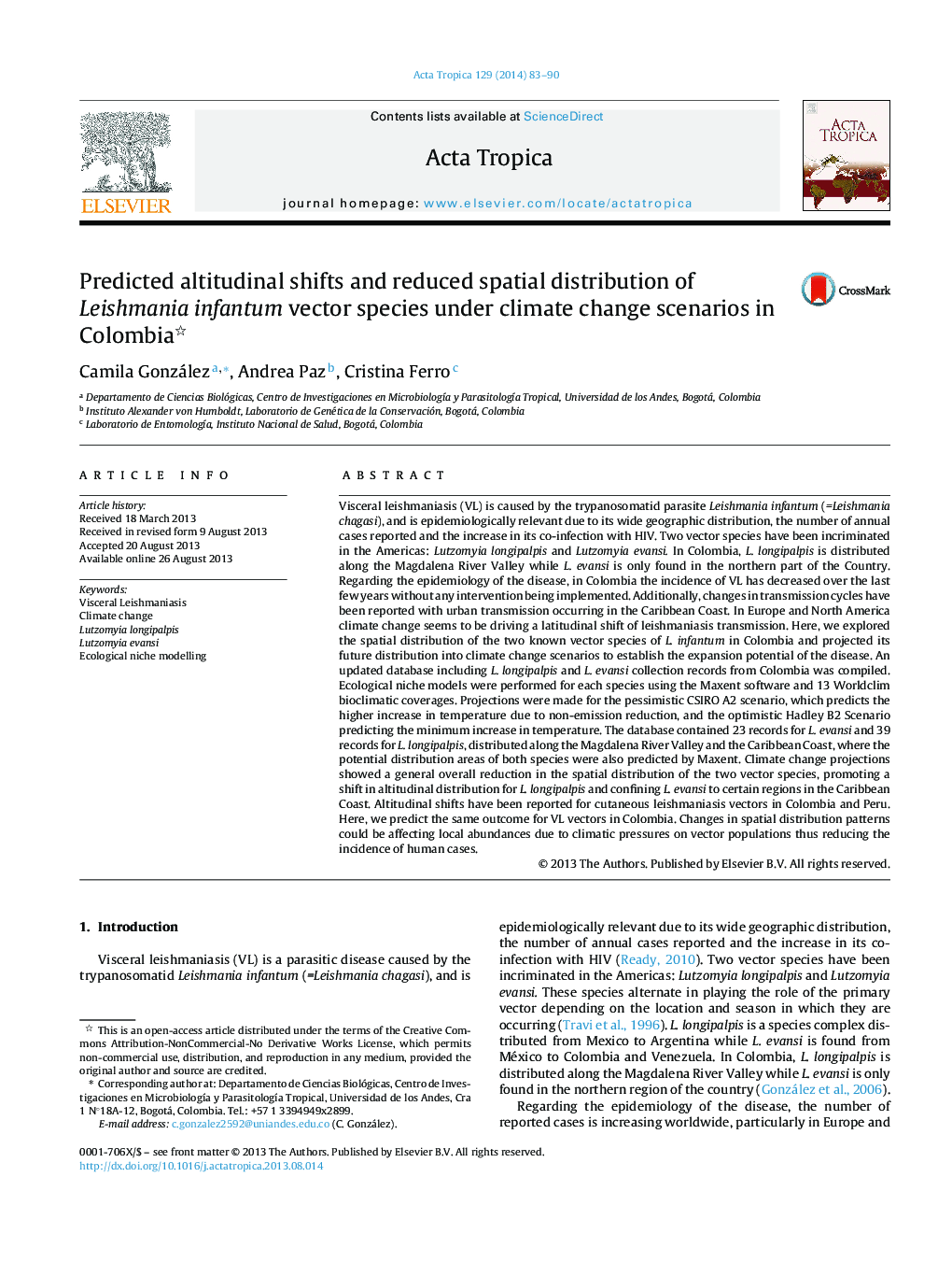 Predicted altitudinal shifts and reduced spatial distribution of Leishmania infantum vector species under climate change scenarios in Colombia